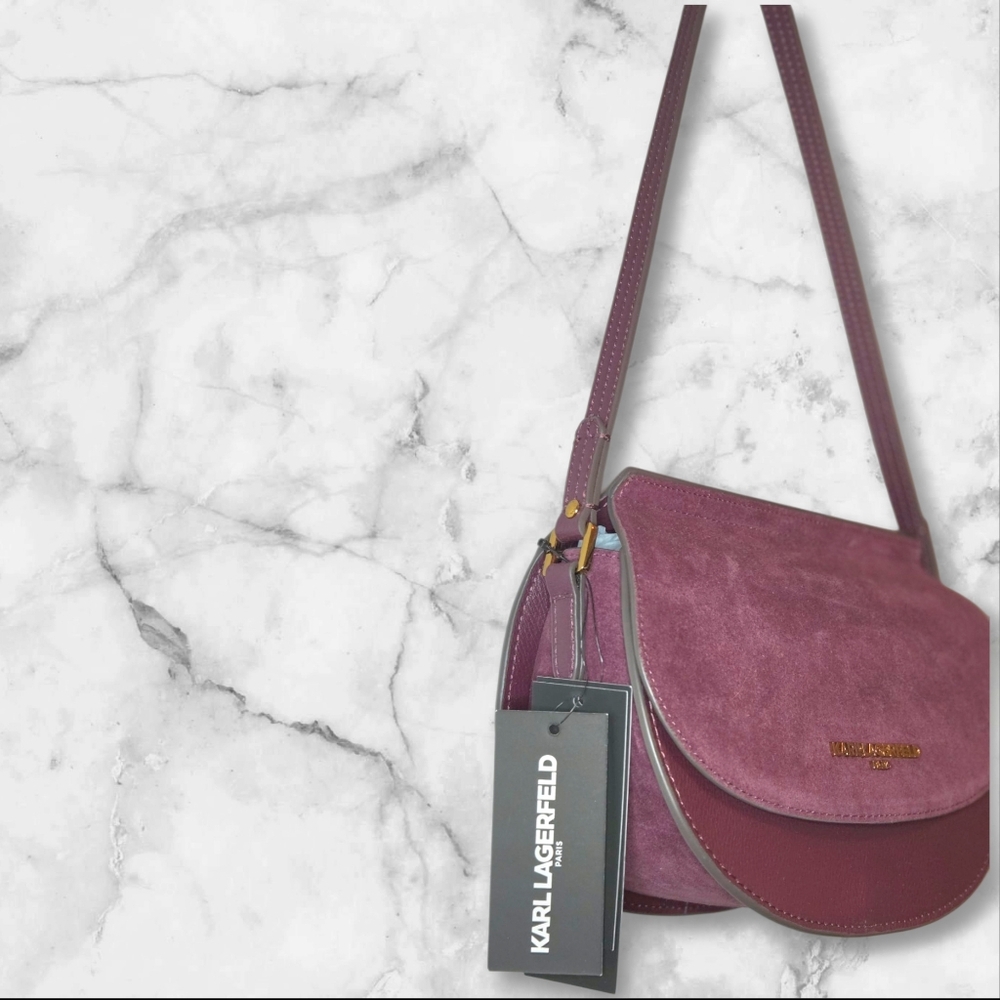 Karl Lagerfeld Burgundy Suede/ Leather Shoulder Bag, NWT - Picture 2 of 5